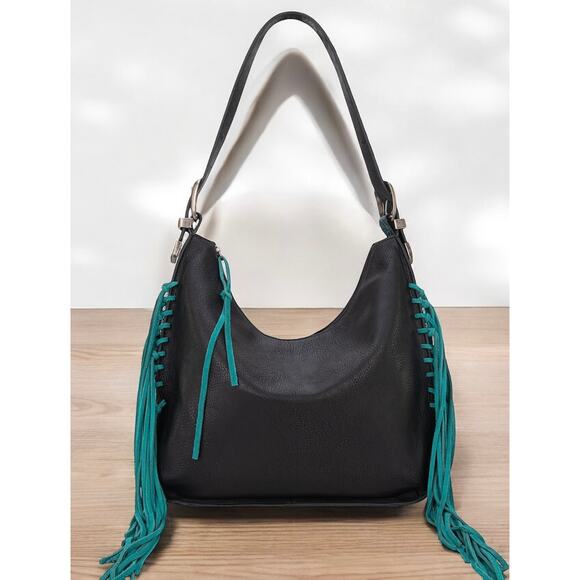 Montana West Black/Turquoise Fringe Tooled Hobo Handbag *NEW in Package* - Picture 1 of 5